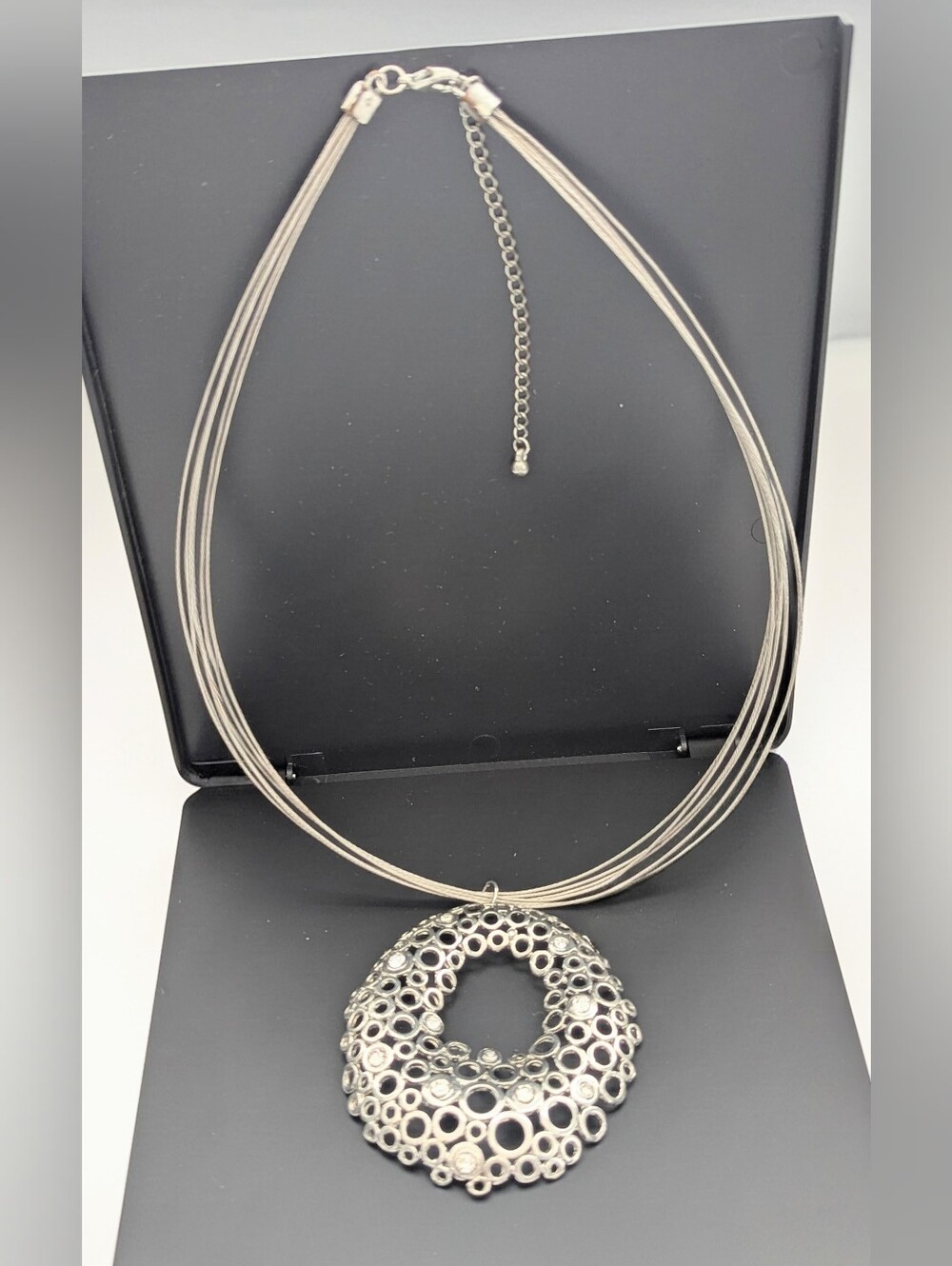 Silver-Tone Multi-Strand Filigree Necklace w/Circle Pendant & Sparkly Crystals